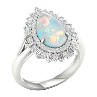 Womens Lab Created White Opal Sterling Silver Halo Cocktail Ring