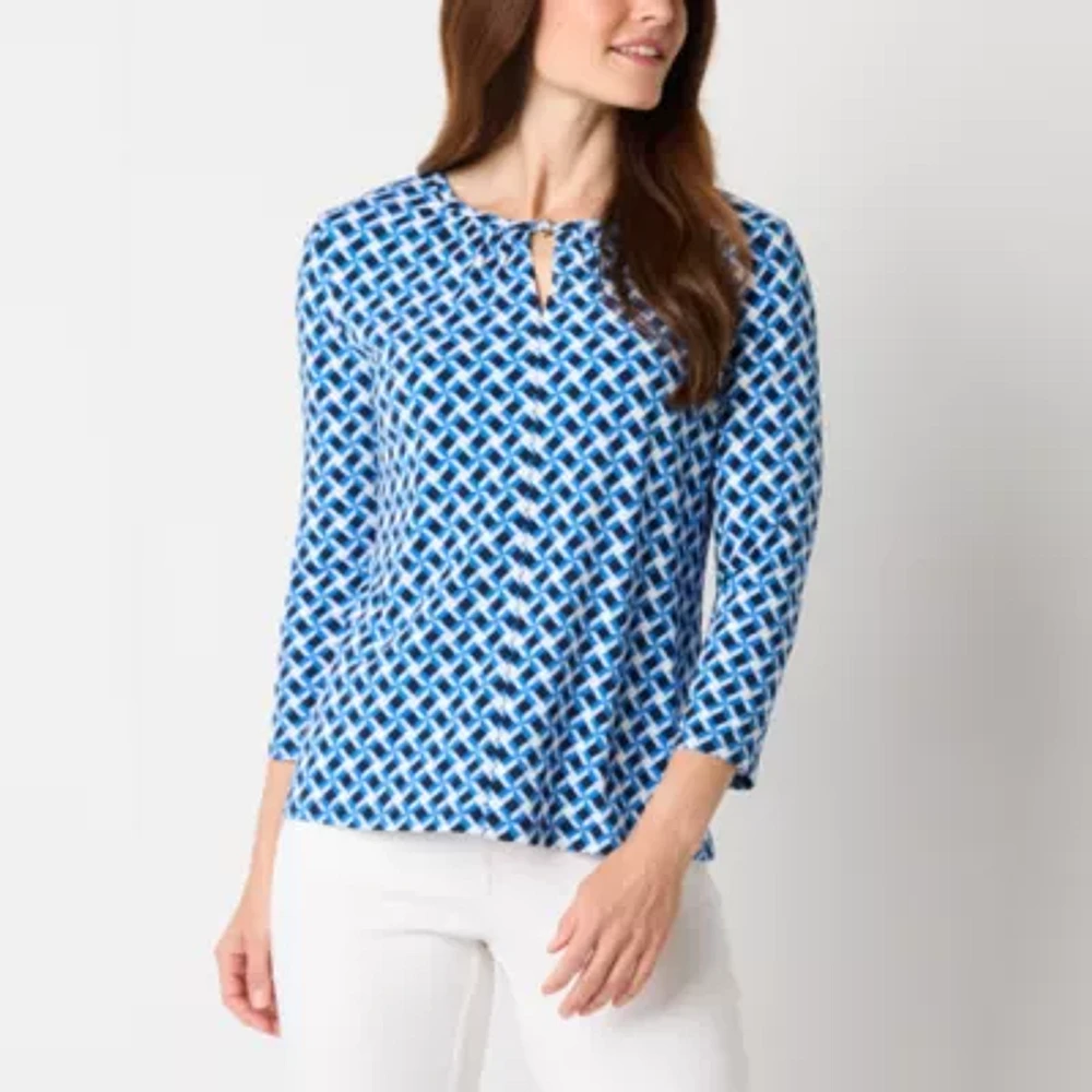 Liz Claiborne Womens Keyhole Neck 3/4 Sleeve Blouse