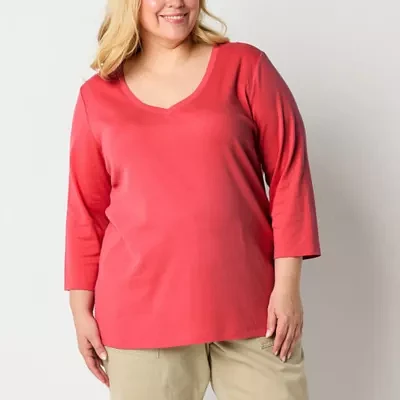 St. John's Bay Womens Plus V Neck 3/4 Sleeve T-Shirt