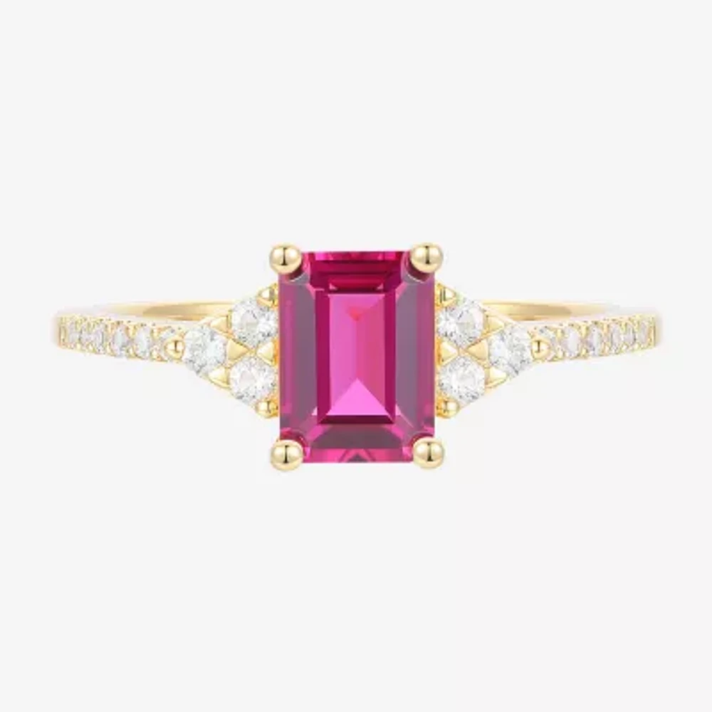 Womens Lab Created Red Ruby 14K Gold Over Silver Side Stone Cocktail Ring