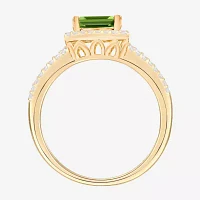 Womens Diamond Accent Gemstone 10K Gold Cushion Halo Side Stone Cocktail Ring