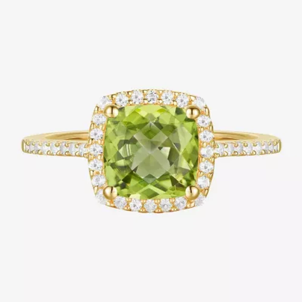 Womens Diamond Accent Gemstone 10K Gold Cushion Halo Side Stone Cocktail Ring