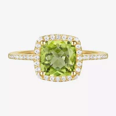 Womens Diamond Accent Gemstone 10K Gold Cushion Halo Side Stone Cocktail Ring