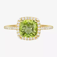 Womens Diamond Accent Gemstone 10K Gold Cushion Halo Side Stone Cocktail Ring