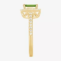 Womens Diamond Accent Gemstone 10K Gold Cushion Halo Side Stone Cocktail Ring
