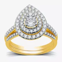 I Said Yes (H-I / I1) Womens 1 1/10 CT. T.W. Lab Grown White Diamond Sterling Silver or 14K Gold Over Pear Side Stone Halo Bridal Set