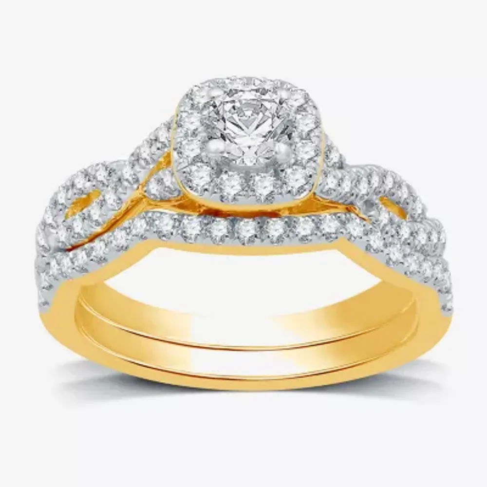 I Said Yes (H-I / I1) Womens 1 CT. T.W. Lab Grown White Diamond Sterling Silver or 14K Gold Over Cushion Side Stone Halo Bridal Set