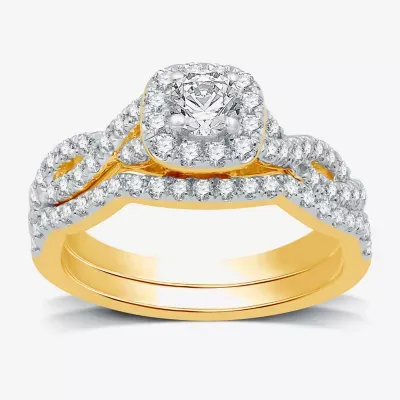 I Said Yes (H-I / I1) Womens 1 CT. T.W. Lab Grown White Diamond Sterling Silver or 14K Gold Over Cushion Side Stone Halo Bridal Set