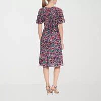 London Style Womens Short Sleeve Floral Midi Fit + Flare Dress