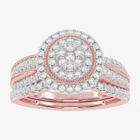 Womens 1/ CT. T.W. Natural White Diamond 10K Rose Gold Round Side Stone Halo Bridal Set