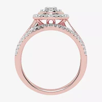 Womens 1/2 CT. T.W. Natural White Diamond 10K Rose Gold Oval Side Stone Halo Bridal Set