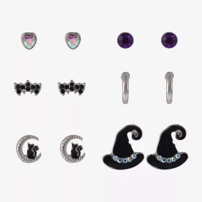 Arizona Halloween Silver Tone Womens Purple Glass 6 Pair Earring Set