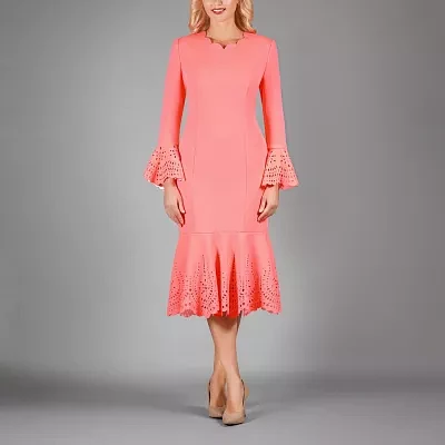 Giovanna Collection Womens Long Sleeve Eyelet Midi Sheath Dress