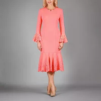 Giovanna Collection Womens Long Sleeve Eyelet Midi Sheath Dress