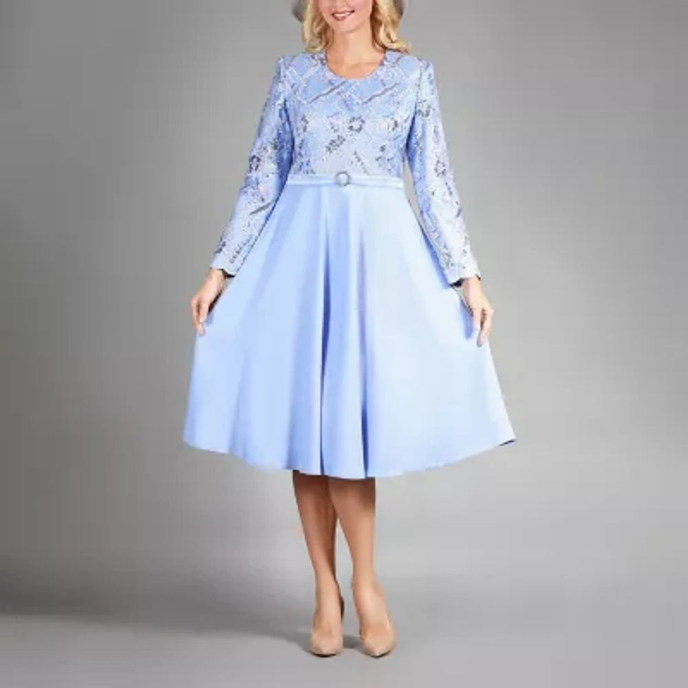Giovanna Collection Womens Long Sleeve Floral A-Line Dress
