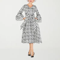 Giovanna Signature Womens Long Sleeve Polka Dot Midi A-Line Dress
