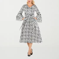 Giovanna Signature Womens Long Sleeve Polka Dot Midi A-Line Dress Plus