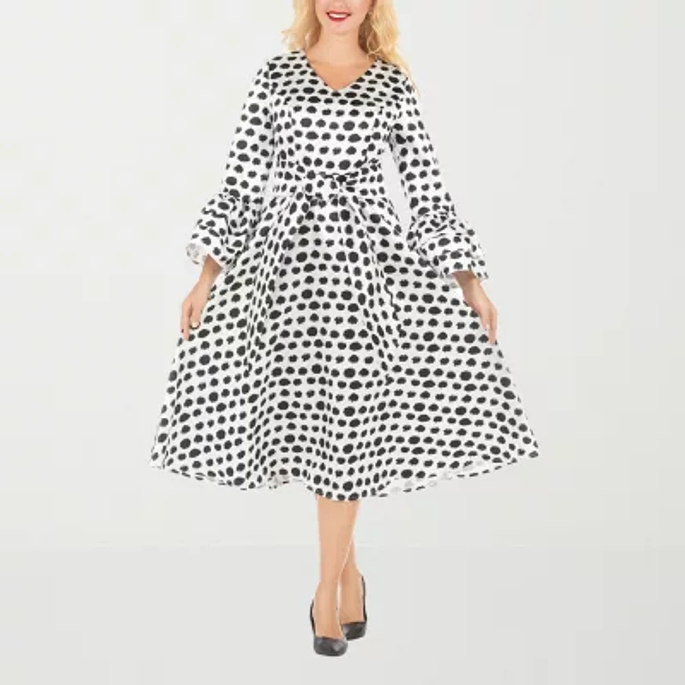 Giovanna Signature Womens Long Sleeve Polka Dot Midi A-Line Dress Plus