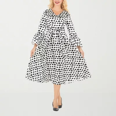 Giovanna Signature Womens Long Sleeve Polka Dot Midi A-Line Dress Plus