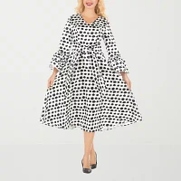 Giovanna Signature Womens Long Sleeve Polka Dot Midi A-Line Dress Plus