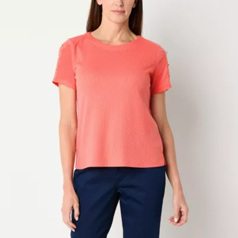 Liz Claiborne Womens Round Neck Short Sleeve Blouse