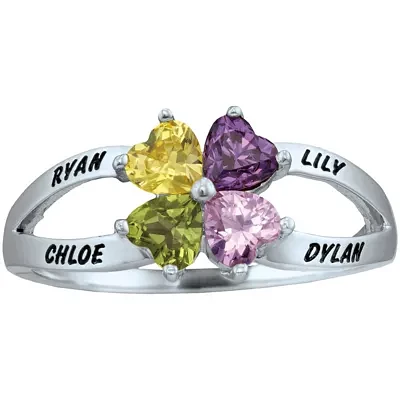 Personalized Engraved Simulated Birthstone Hearts Ring