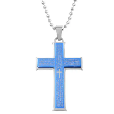 Mens Stainless Steel Lord's Prayer Cross Pendant Necklace