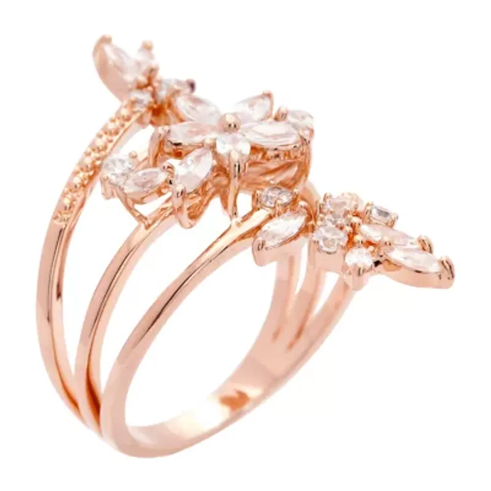 Sparkle Allure Cubic Zirconia 14k Rose Gold Over Brass Flower Bypass  Cocktail Ring