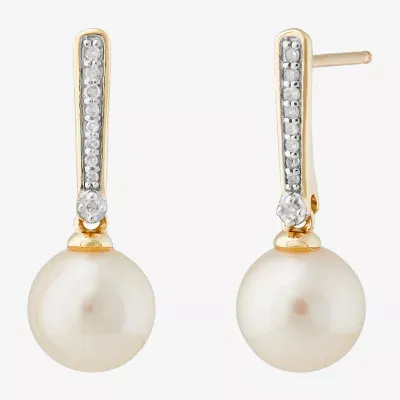 Diamond Accent White Cultured Freshwater Pearl 10K Gold Drop Earrings