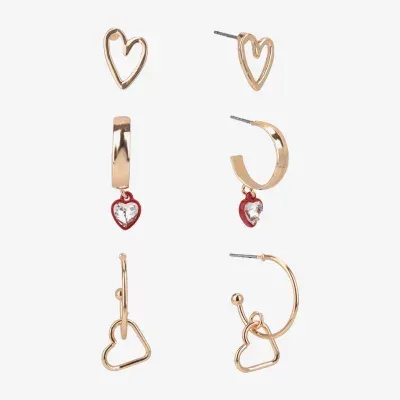 Arizona Gold Tone Stud And Huggie 3 Pair Heart Earring Set