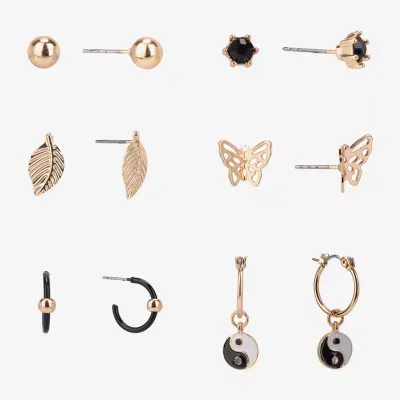 Arizona Gold Tone Stud And Huggie 6 Pair Butterfly Yin Yang Earring Set