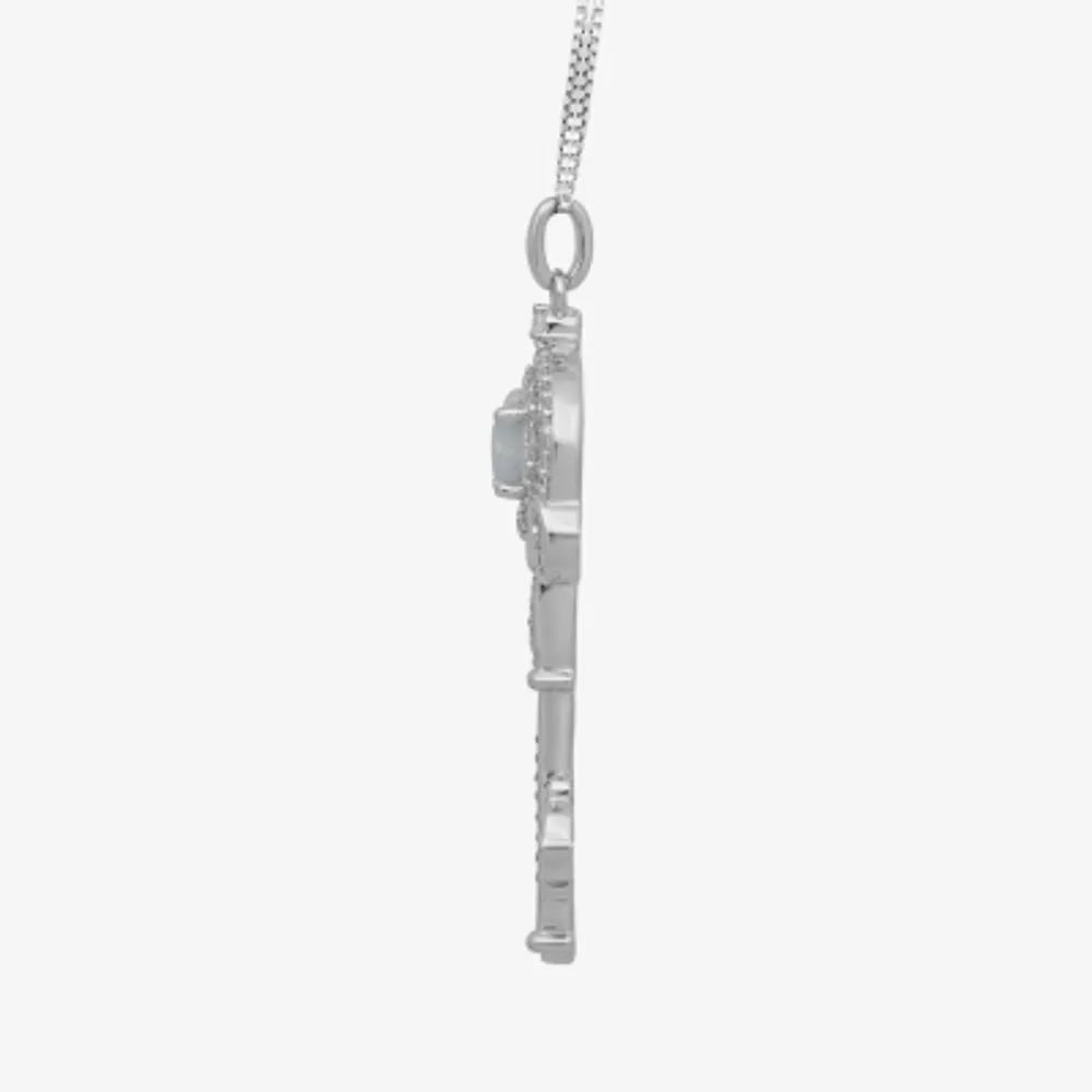 Enchanted Disney Fine Jewelry Womens 1/6 CT. T.W. Lab Created White Opal Sterling Silver Keys Cinderella Princess Pendant Necklace