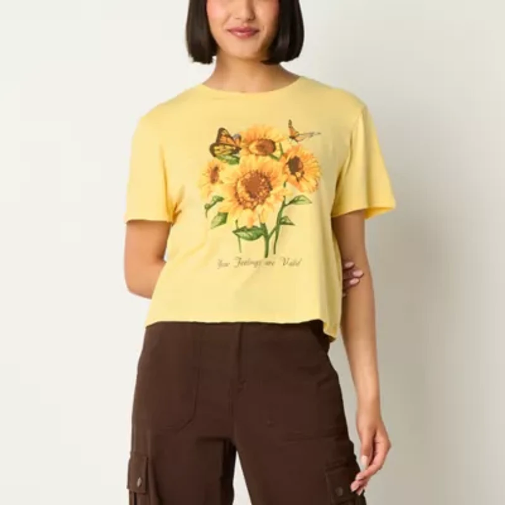 Juniors Sunflowers Cropped Tee Womens Crew Neck Short Sleeve Graphic T-Shirt