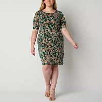 Connected Apparel Womens Short Sleeve Scroll Sheath Dress Plus