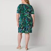 Connected Apparel Womens Short Sleeve Floral Sheath Dress Plus