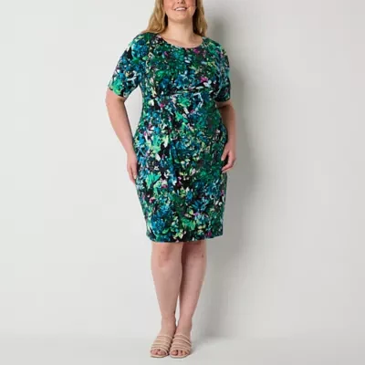 Connected Apparel Womens Short Sleeve Floral Sheath Dress Plus