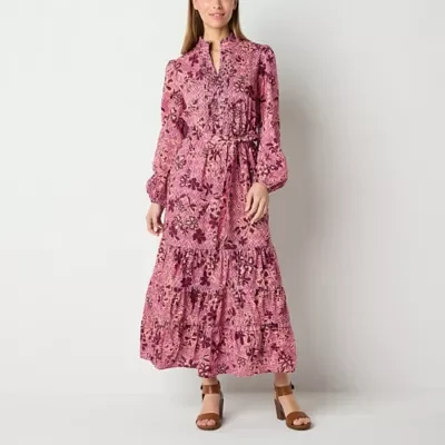 Ryegrass Womens Long Sleeve Beaded Floral Maxi Dress