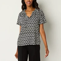 Liz Claiborne Womens Split Tie Neck Short Sleeve Blouse