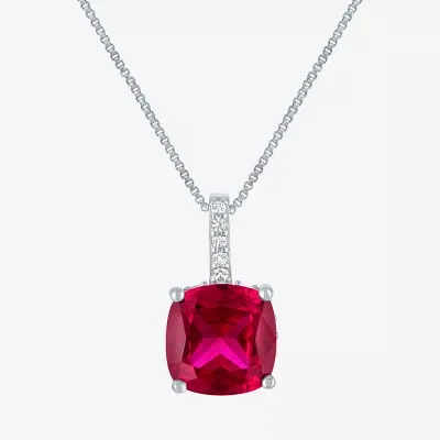 Womens Lab Created Red Ruby Sterling Silver Cushion 18 Inch Pendant Necklace