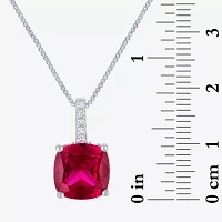 Womens Lab Created Red Ruby Sterling Silver Cushion 18 Inch Pendant Necklace