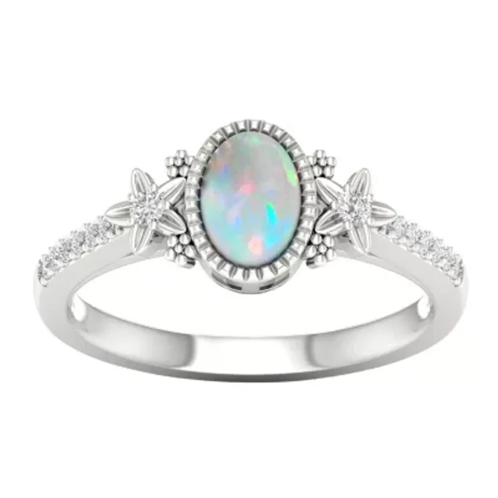 Womens Genuine White Opal 10K Gold Halo Cocktail Ring