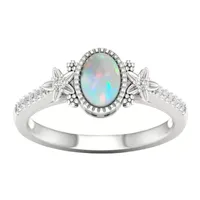 Womens Genuine White Opal 10K Gold Halo Cocktail Ring