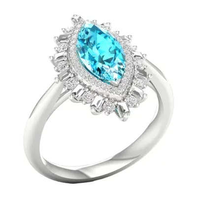 Womens Genuine Blue Topaz Sterling Silver Halo Cocktail Ring