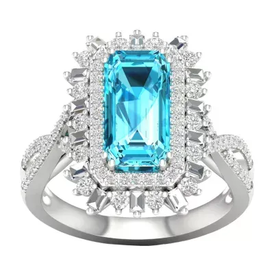 Womens Genuine Blue Topaz Sterling Silver Halo Cocktail Ring