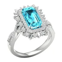 Womens Genuine Blue Topaz Sterling Silver Halo Cocktail Ring