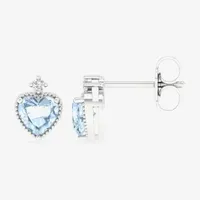 Diamond Accent Genuine Blue Aquamarine 10K White Gold 8.4mm Heart Stud Earrings