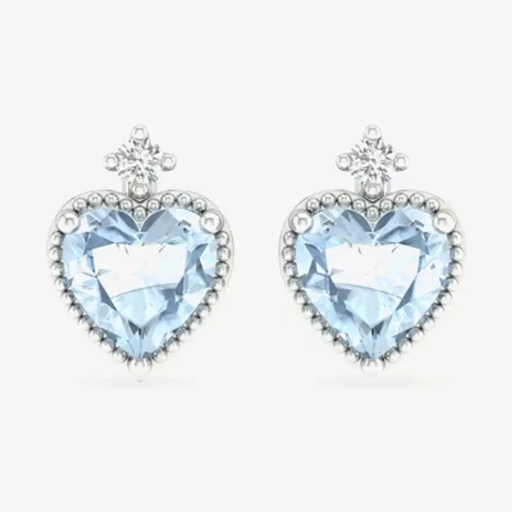 Diamond Accent Genuine Blue Aquamarine 10K White Gold 8.4mm Heart Stud Earrings