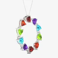 Womens Genuine Multi Color Stone Sterling Silver Circle Heart Pendant Necklace