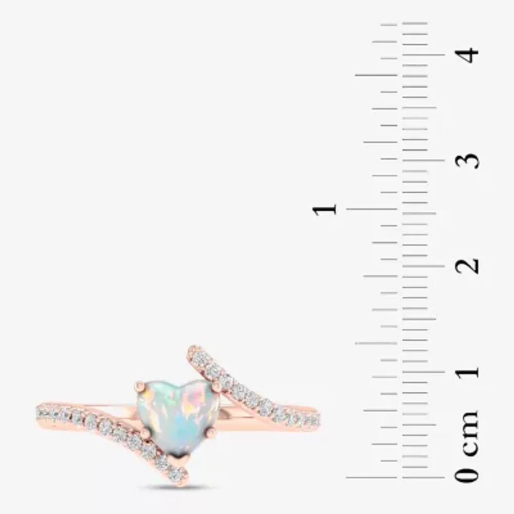 Womens Genuine Opal & 1/6 CT. T.W. Diamond 10K Rose Gold Heart Bypass Cocktail Ring