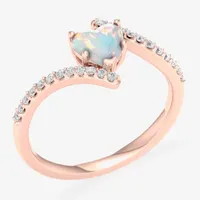 Womens Genuine Opal & 1/6 CT. T.W. Diamond 10K Rose Gold Heart Bypass Cocktail Ring